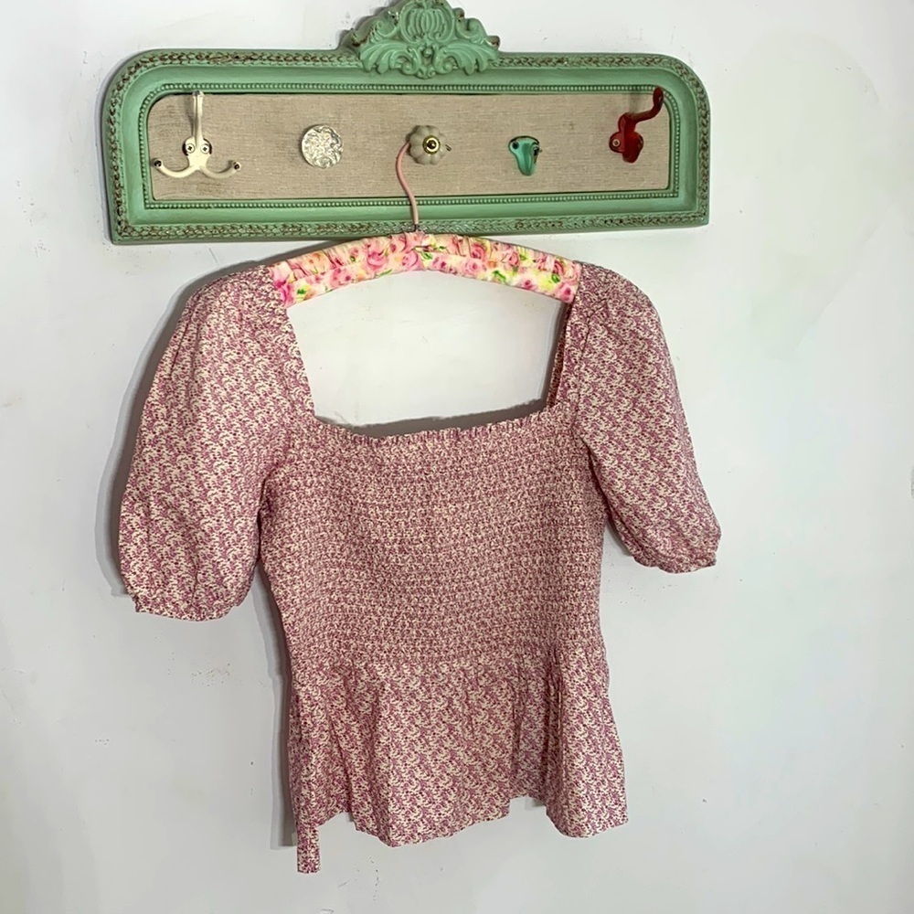 French connection Artina Poplin short sleeve smocked top floral lavender pink XL